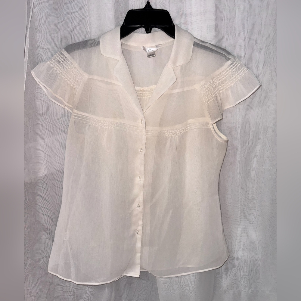 LOFT White Flutter Sleeve Blouse with Ruffled Details